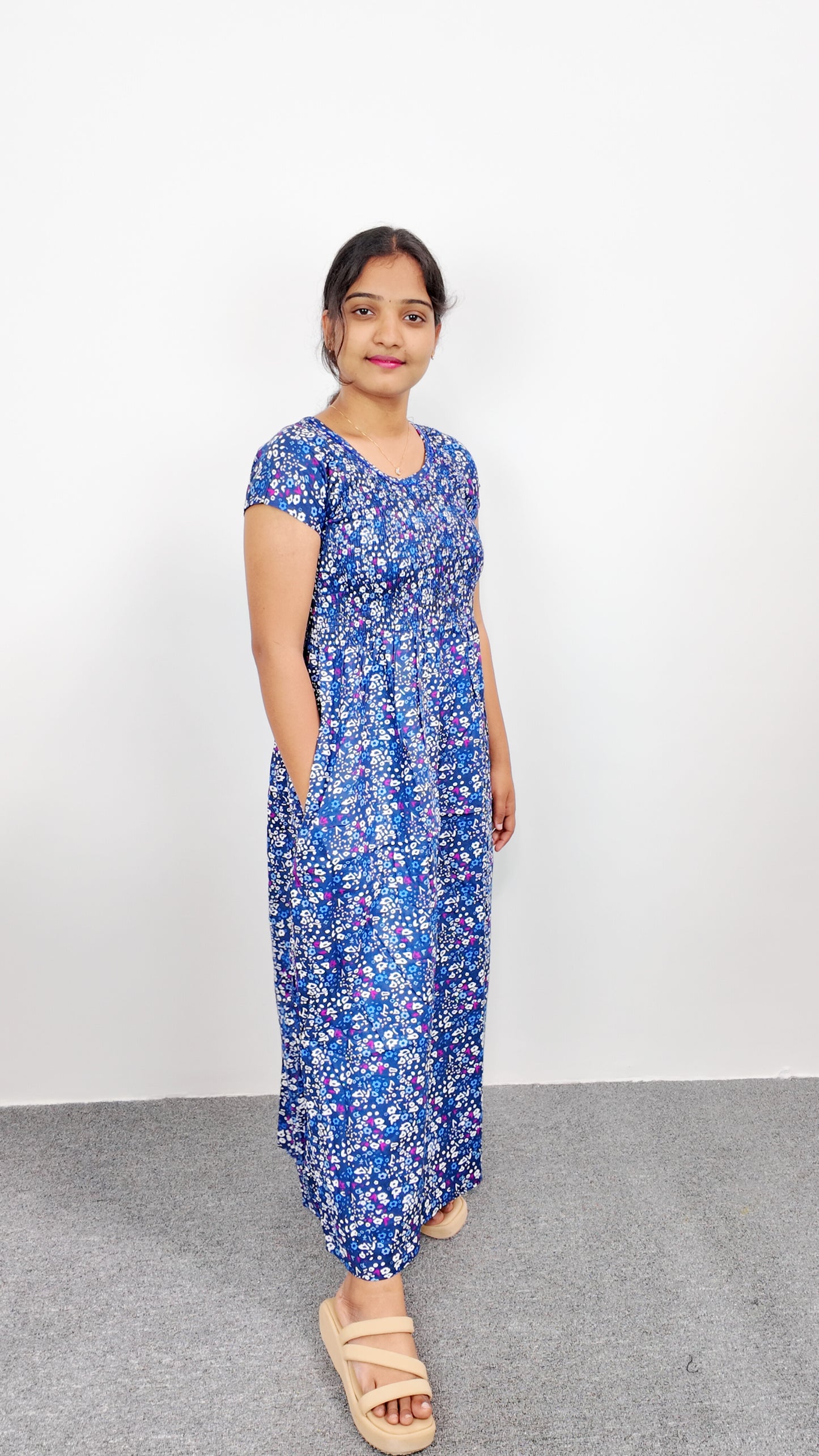 Navy Blue Floral Print Smoky Nighty for Women