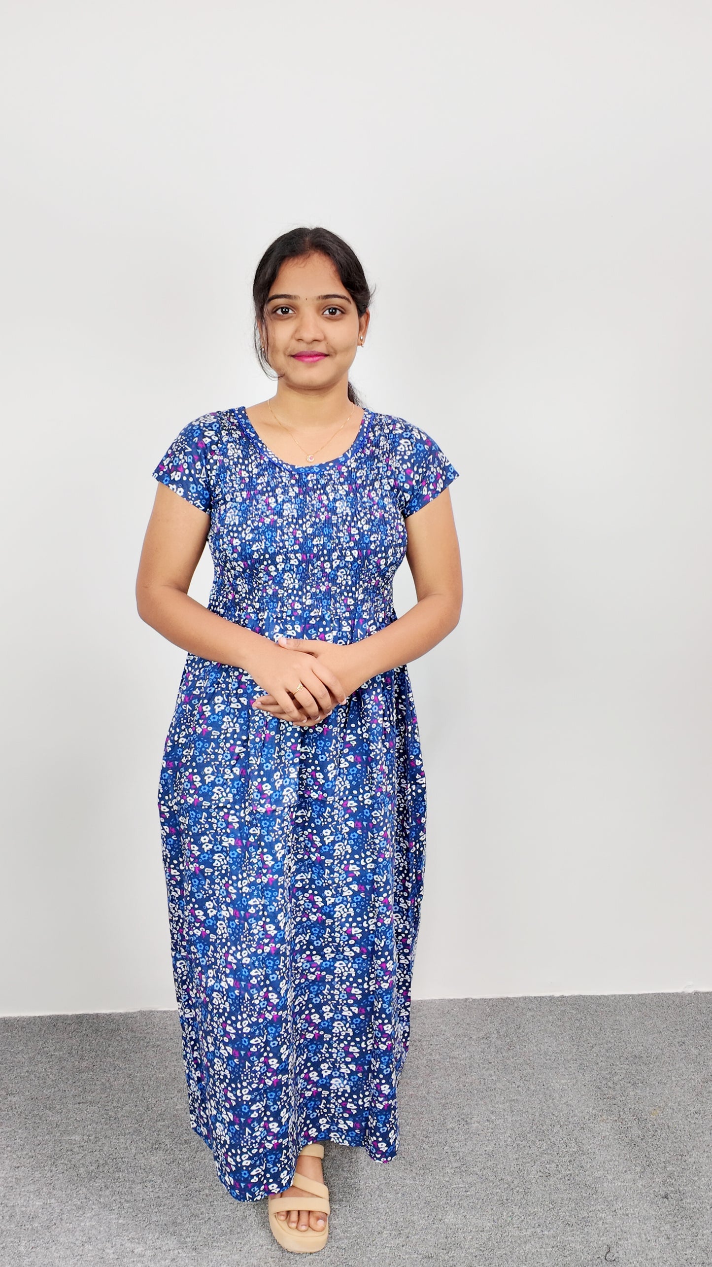 Navy Blue Floral Print Smoky Nighty for Women