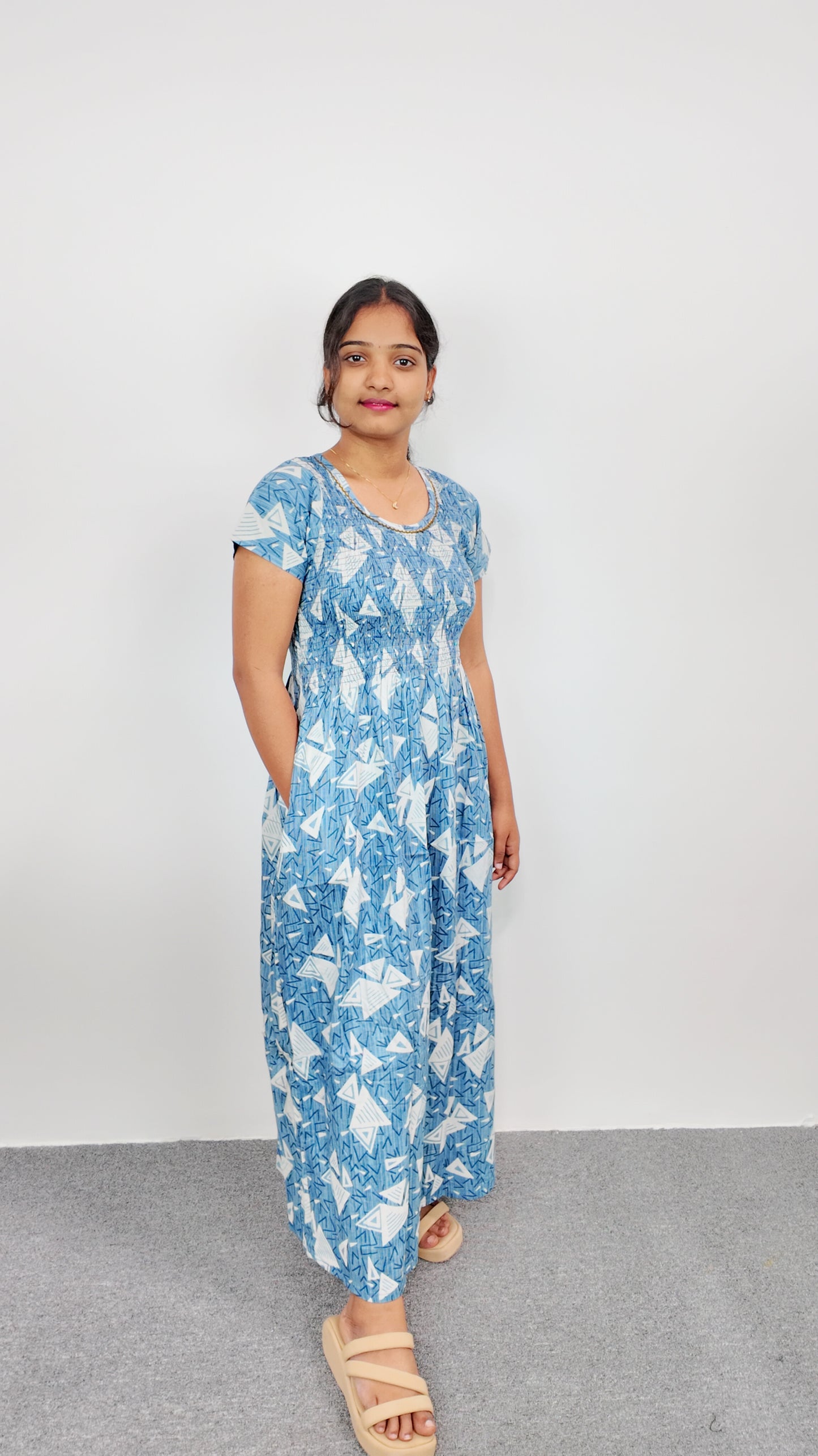 Sky Blue Floral Print Smoky Nighty for Women