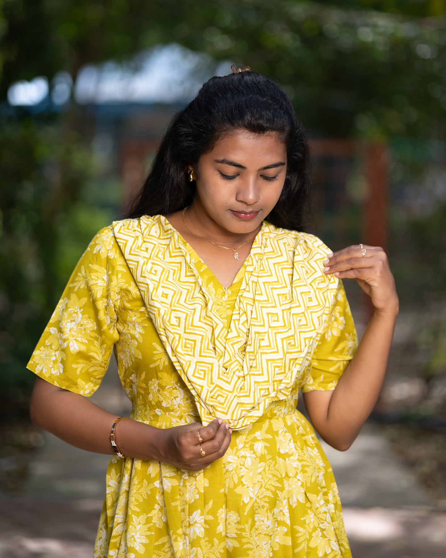 Feeding Maxi Style Nighty with Dupatta attached - Yellow