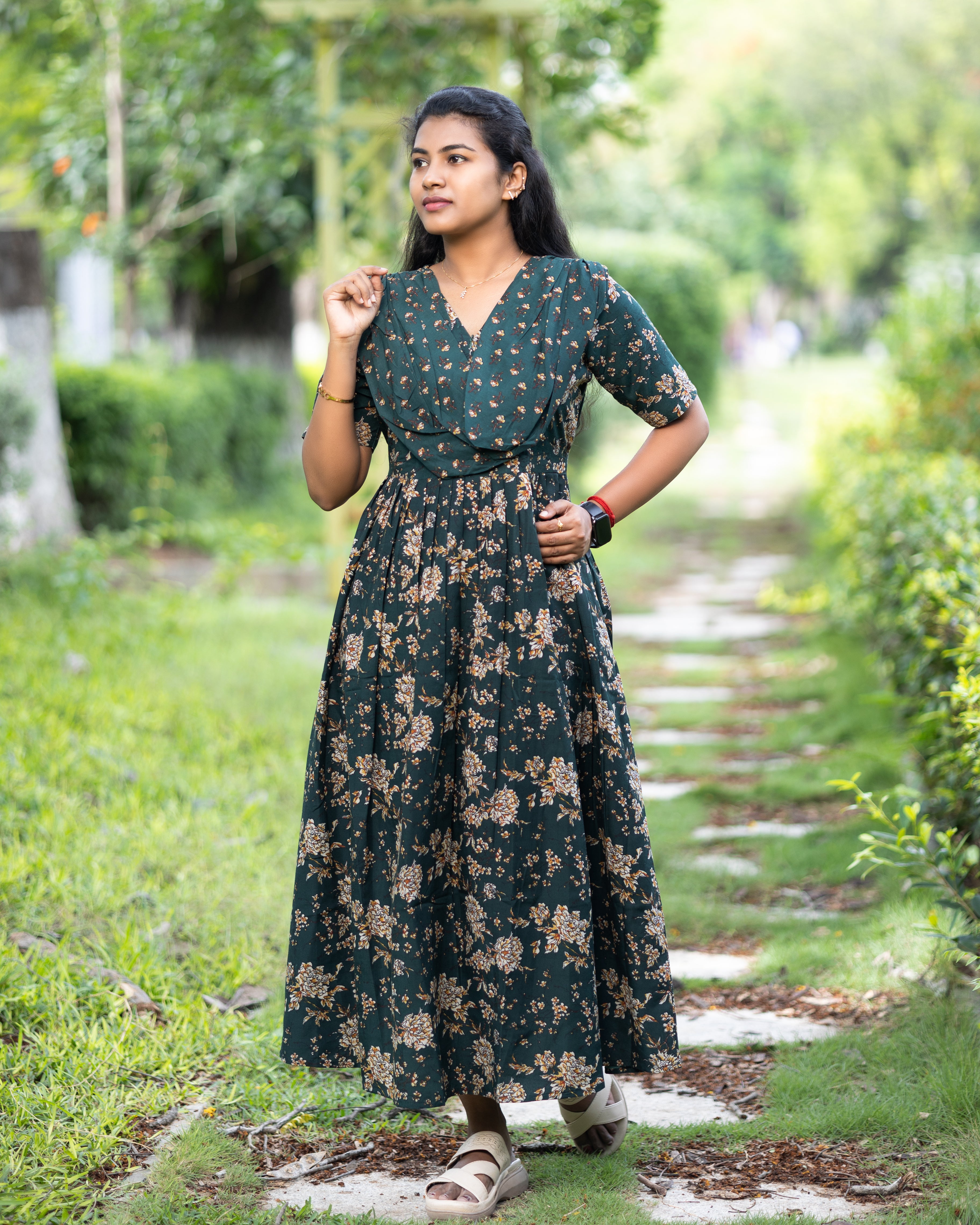 Feeding Maxi Style Nighty with Dupatta attached - Green