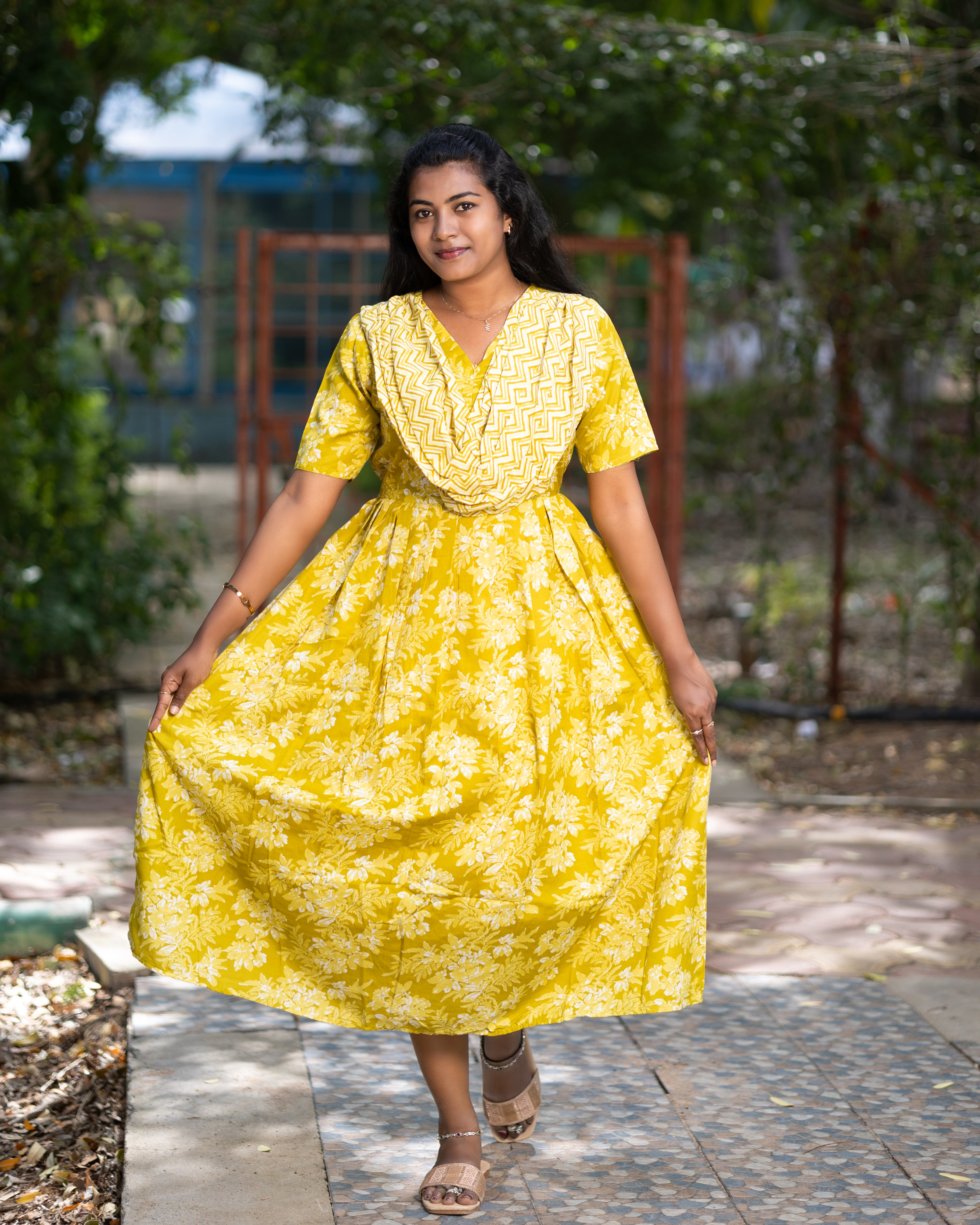 Feeding Maxi Style Nighty with Dupatta attached - Yellow