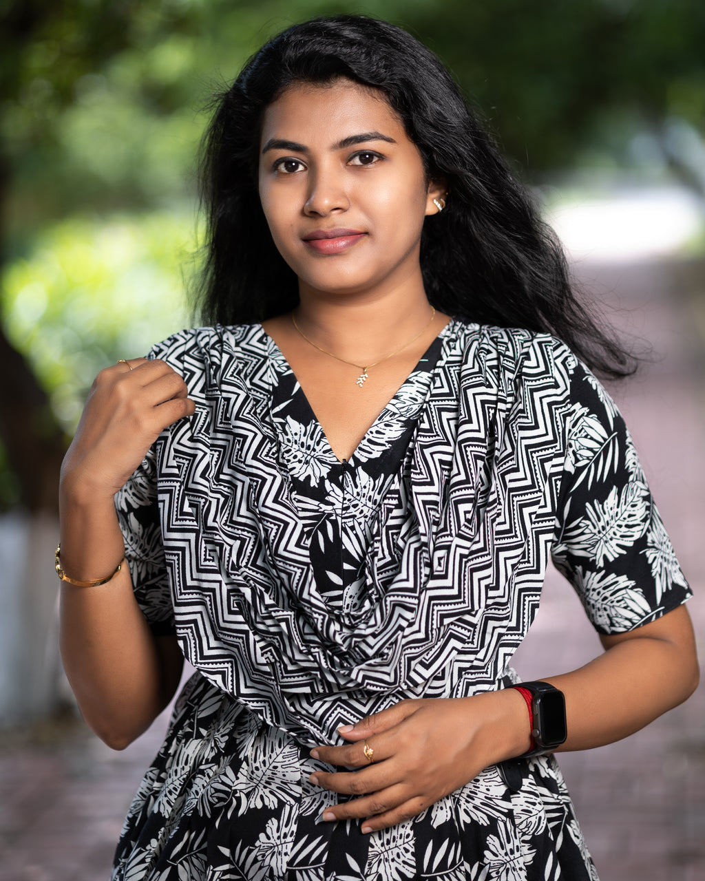 Feeding Maxi Style Nighty with Dupatta attached - Black with White Leaf