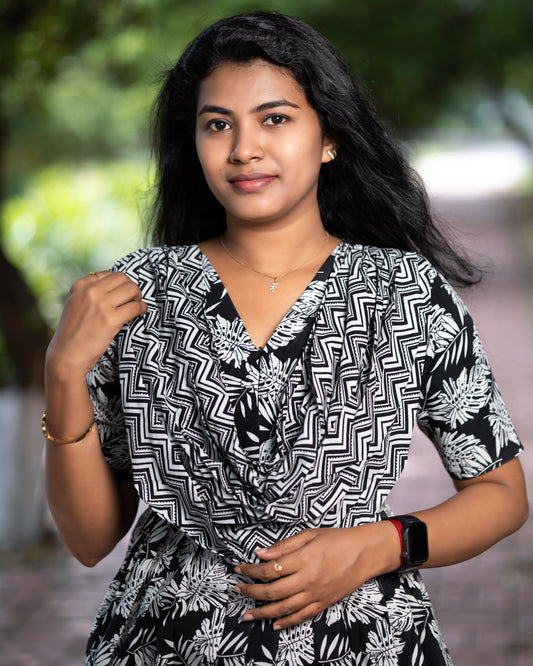 Maxi Style Nighty with Dupatta attached - Black with White Leaf