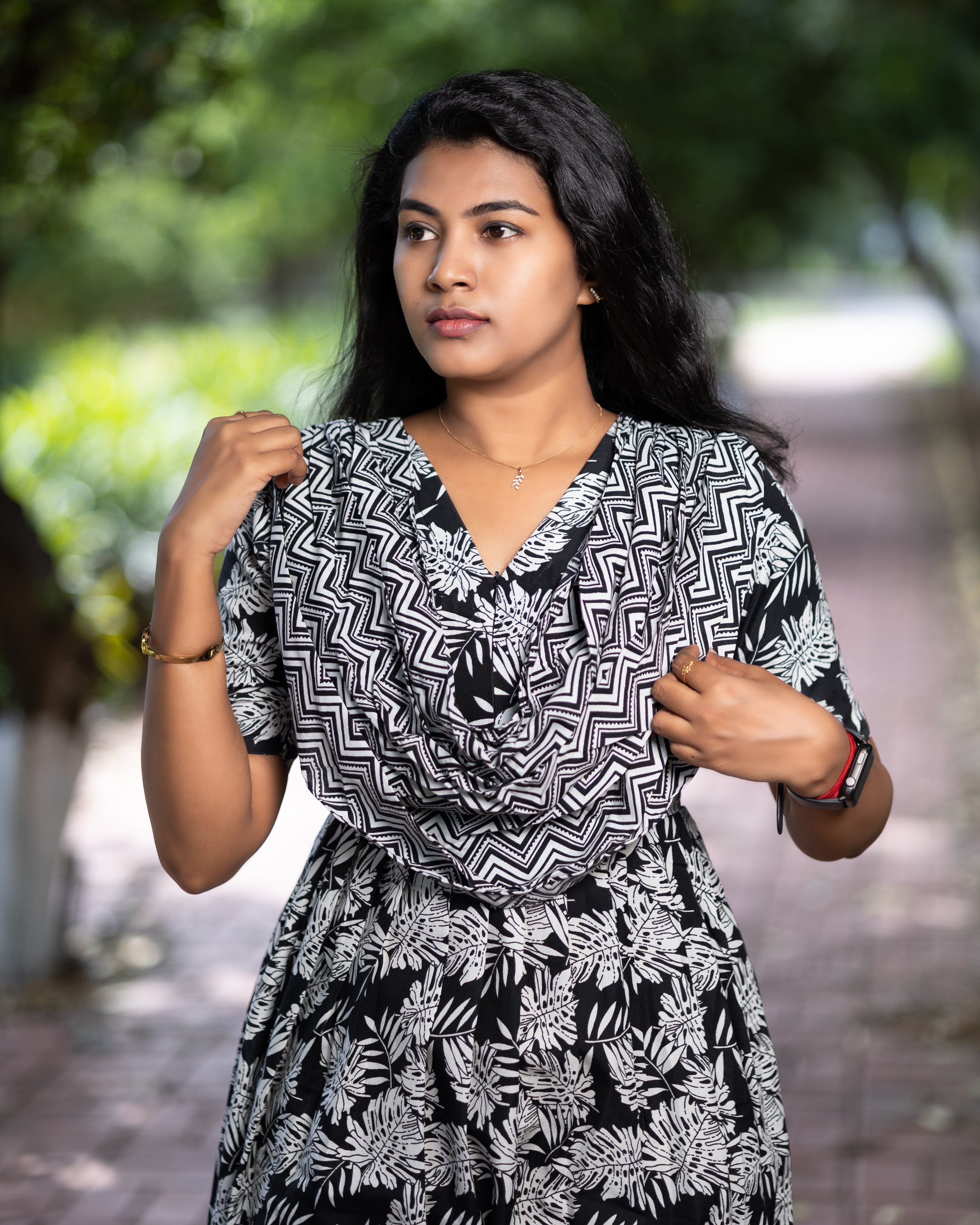 Feeding Maxi Style Nighty with Dupatta attached - Black with White Leaf