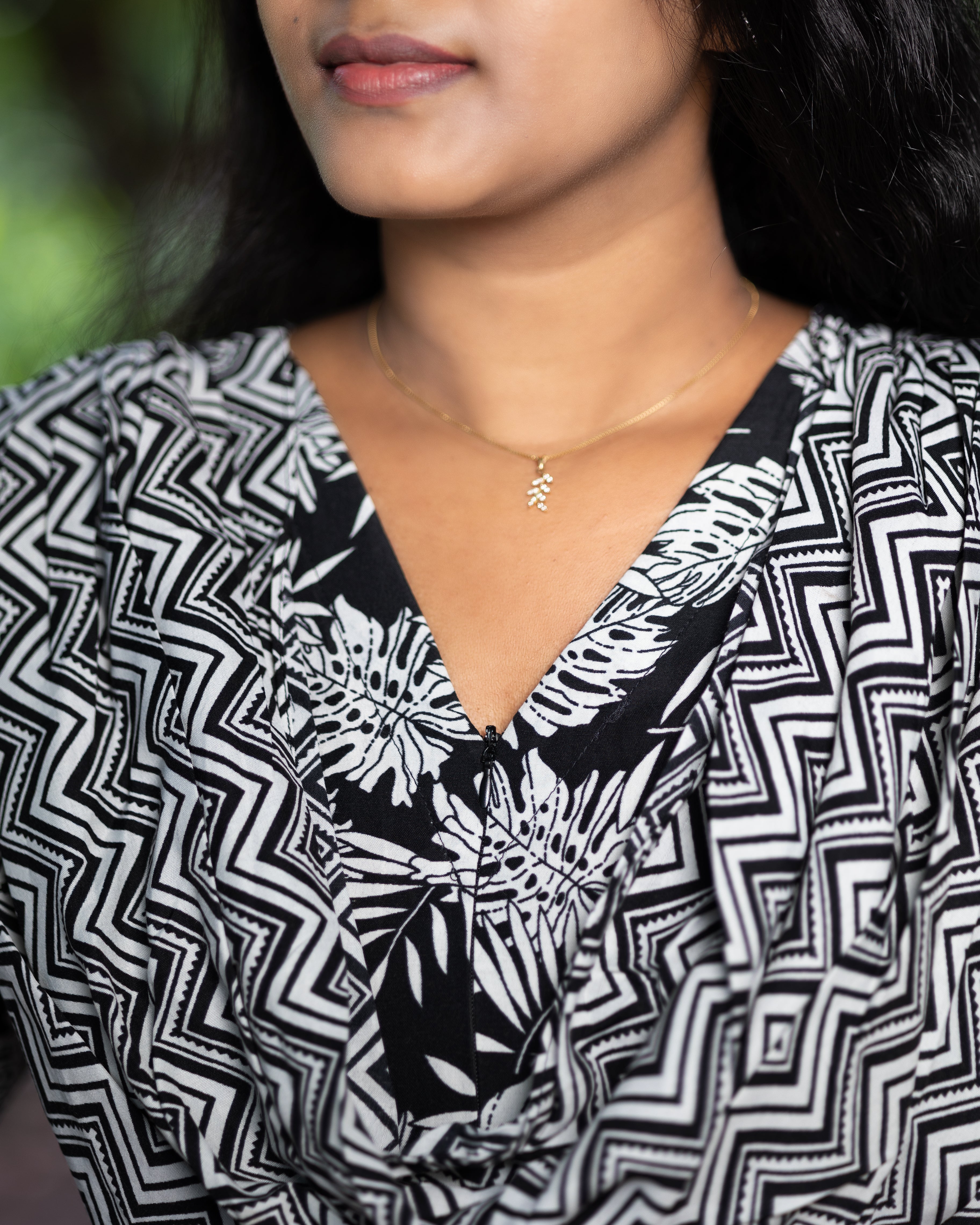 Feeding Maxi Style Nighty with Dupatta attached - Black with White Leaf