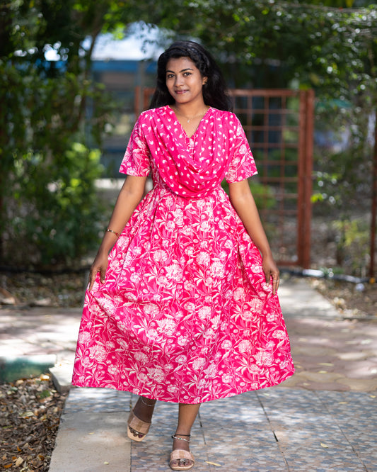 Feeding Maxi Style Nighty with Dupatta attached - Pink