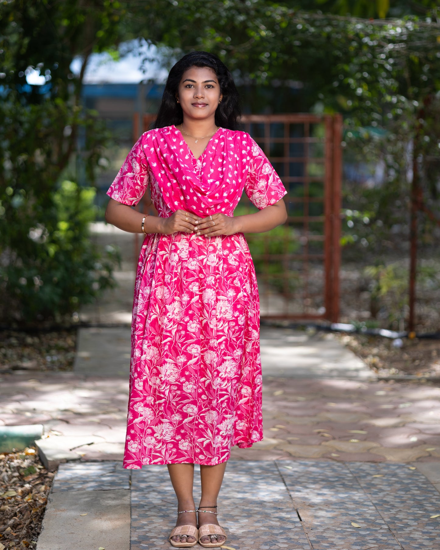 Feeding Maxi Style Nighty with Dupatta attached - Pink
