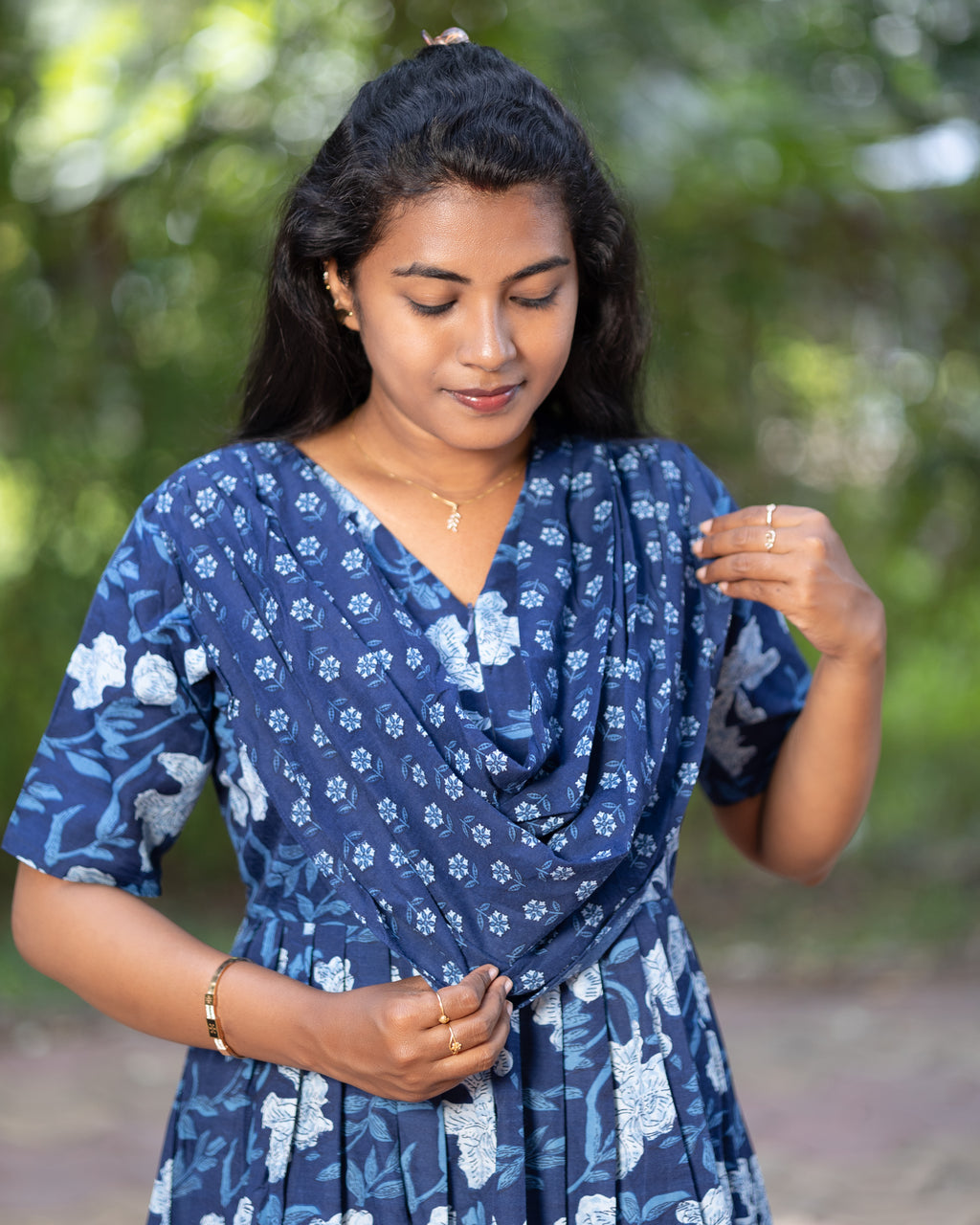Feeding Maxi Style Nighty with Dupatta attached - Blue