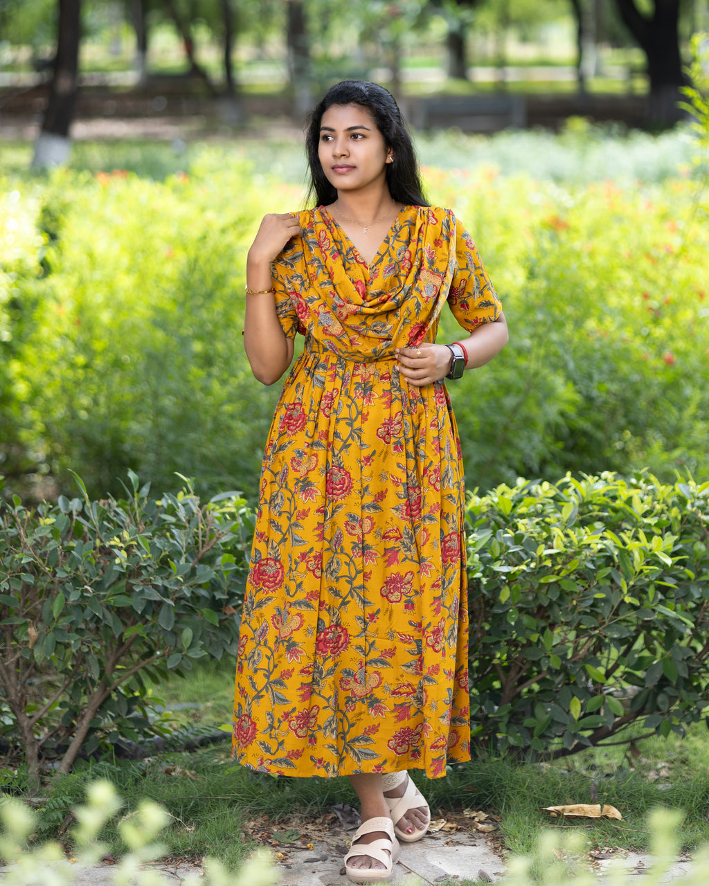 Feeding Maxi Style Nighty with Dupatta attached -  Mustard yellow