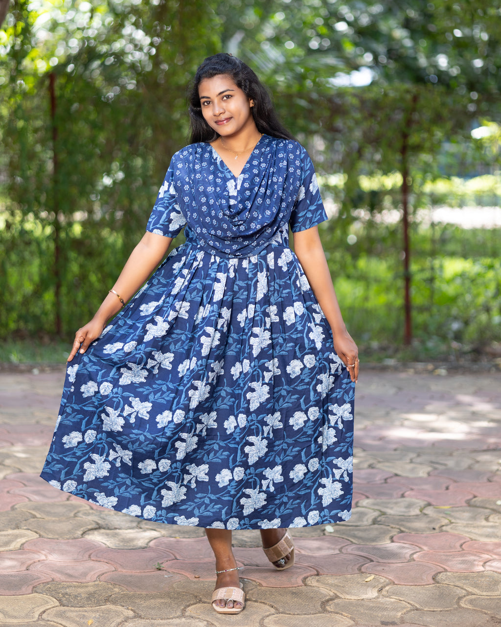 Feeding Maxi Style Nighty with Dupatta attached - Blue