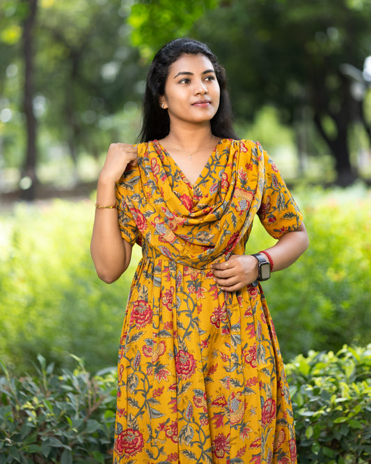 Maxi Style Nighty with Dupatta attached -  Mustard yellow