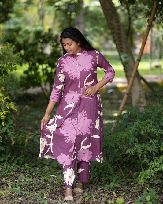 Women's Co-Ord Set – Purple Floral Print Kurta with Pant