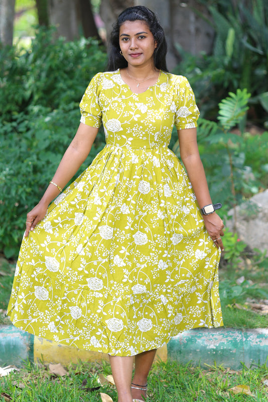Mustard Floral Printed Fit & Flare Maternity Kurti