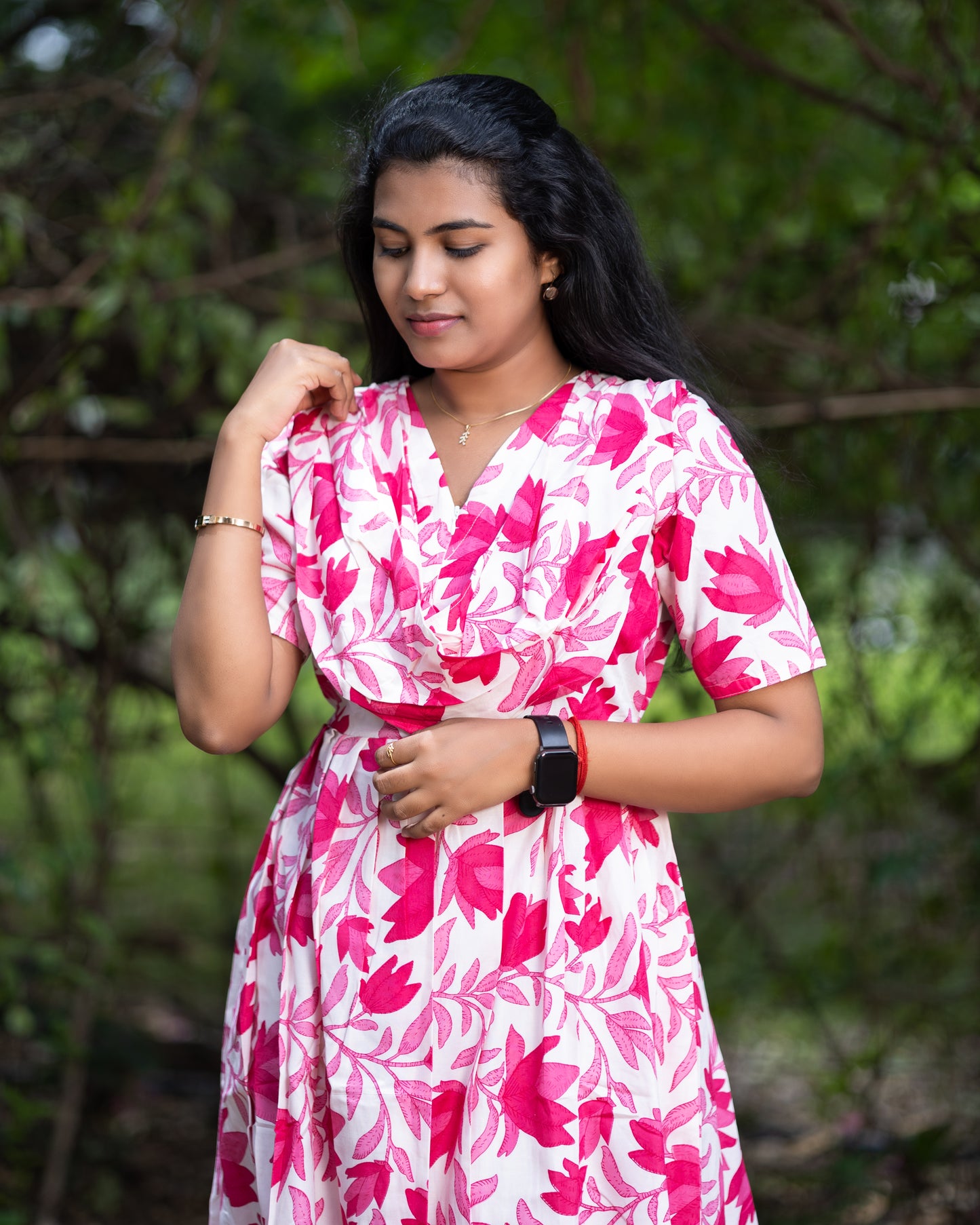 Feeding Maxi Style Nighty with Dupatta attached - Pink Floral Print