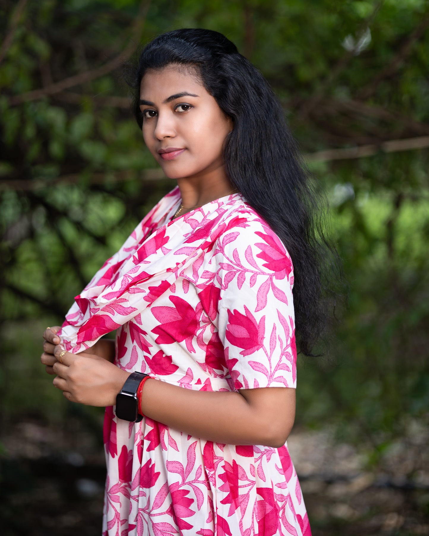 Feeding Maxi Style Nighty with Dupatta attached - Pink Floral Print