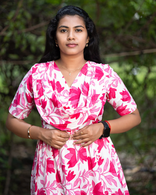 Maxi Style Nighty with Dupatta attached - Pink Floral Print