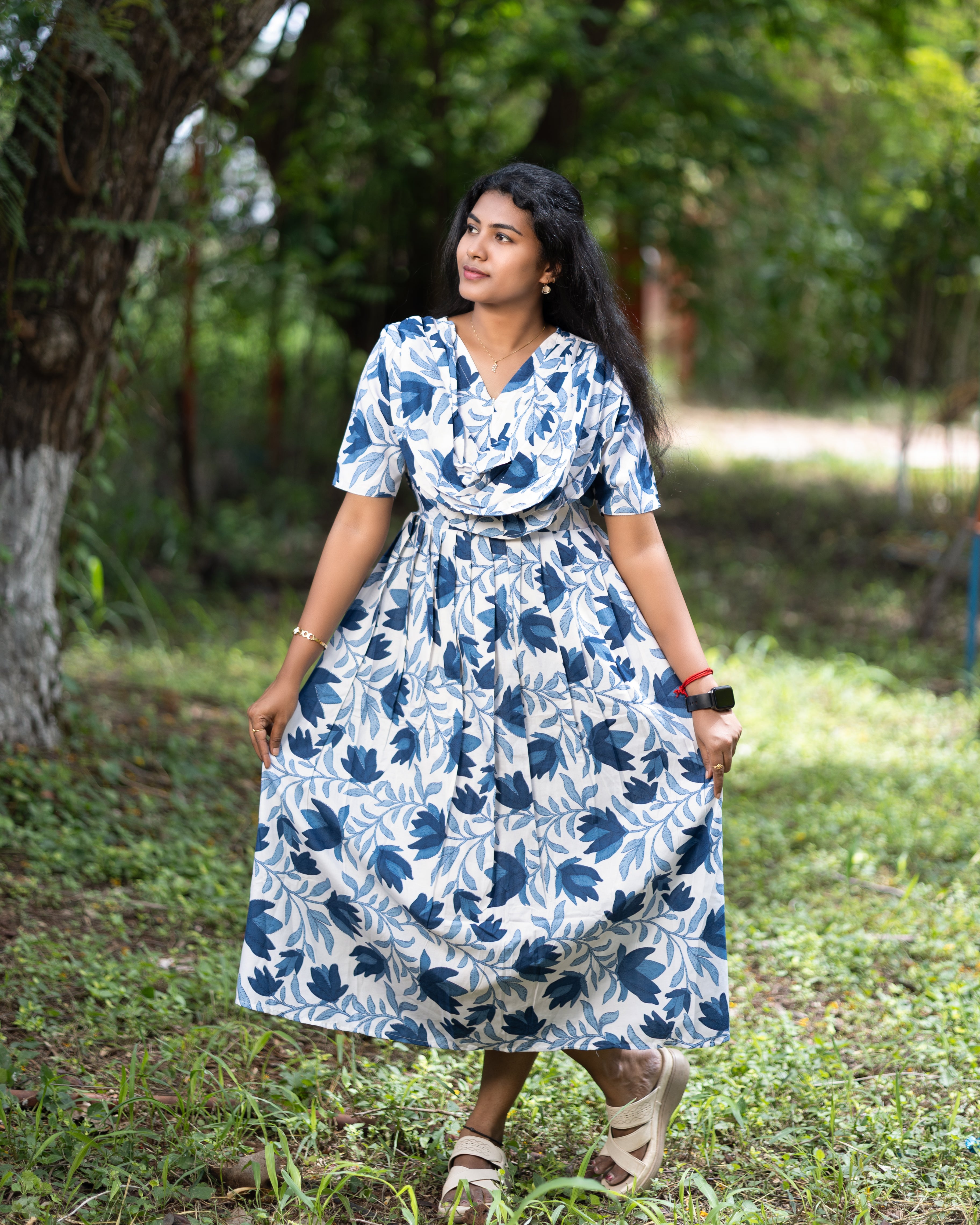 Feeding Maxi Style Nighty with Dupatta attached - White with Blue Floral Print