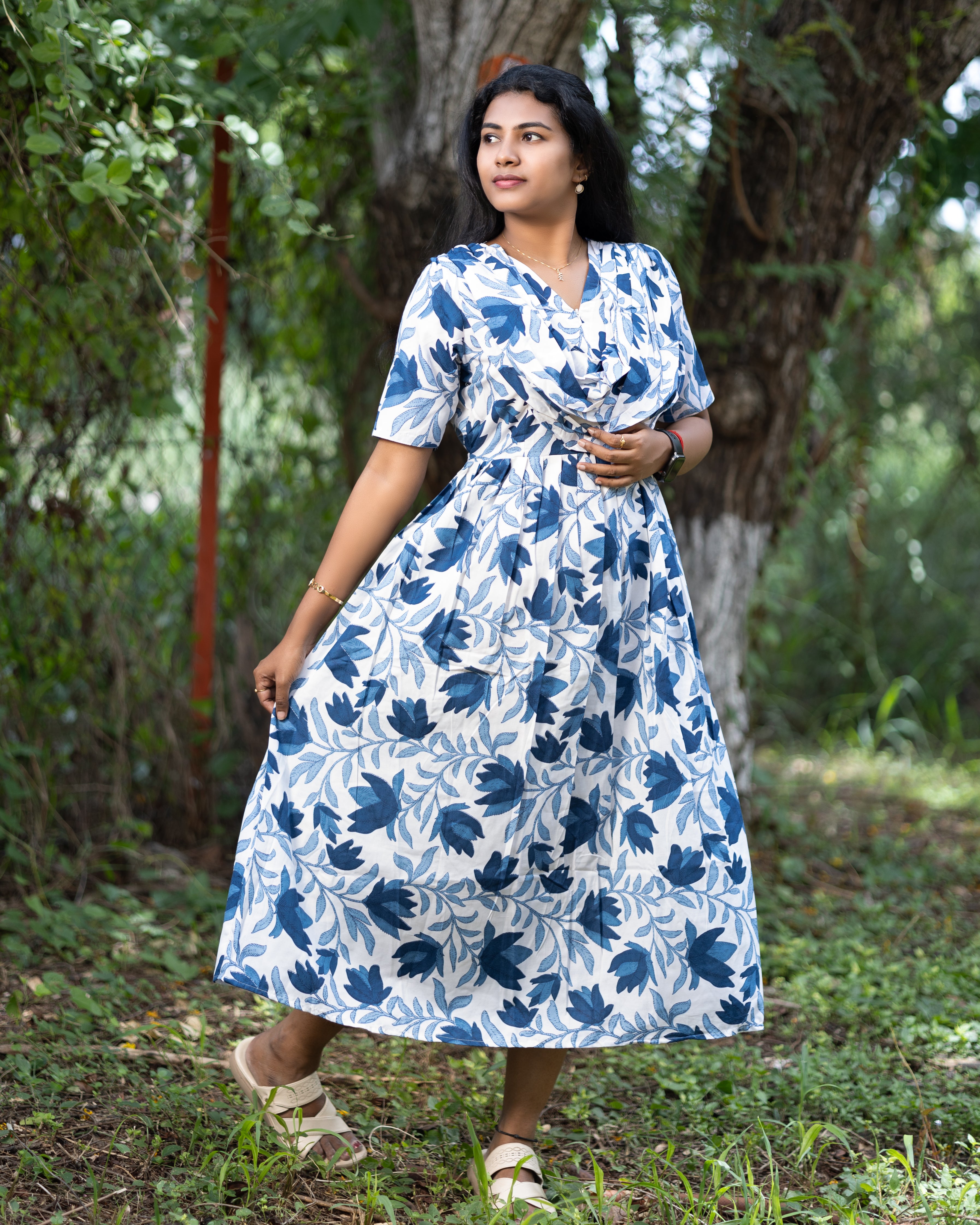 Feeding Maxi Style Nighty with Dupatta attached - White with Blue Floral Print