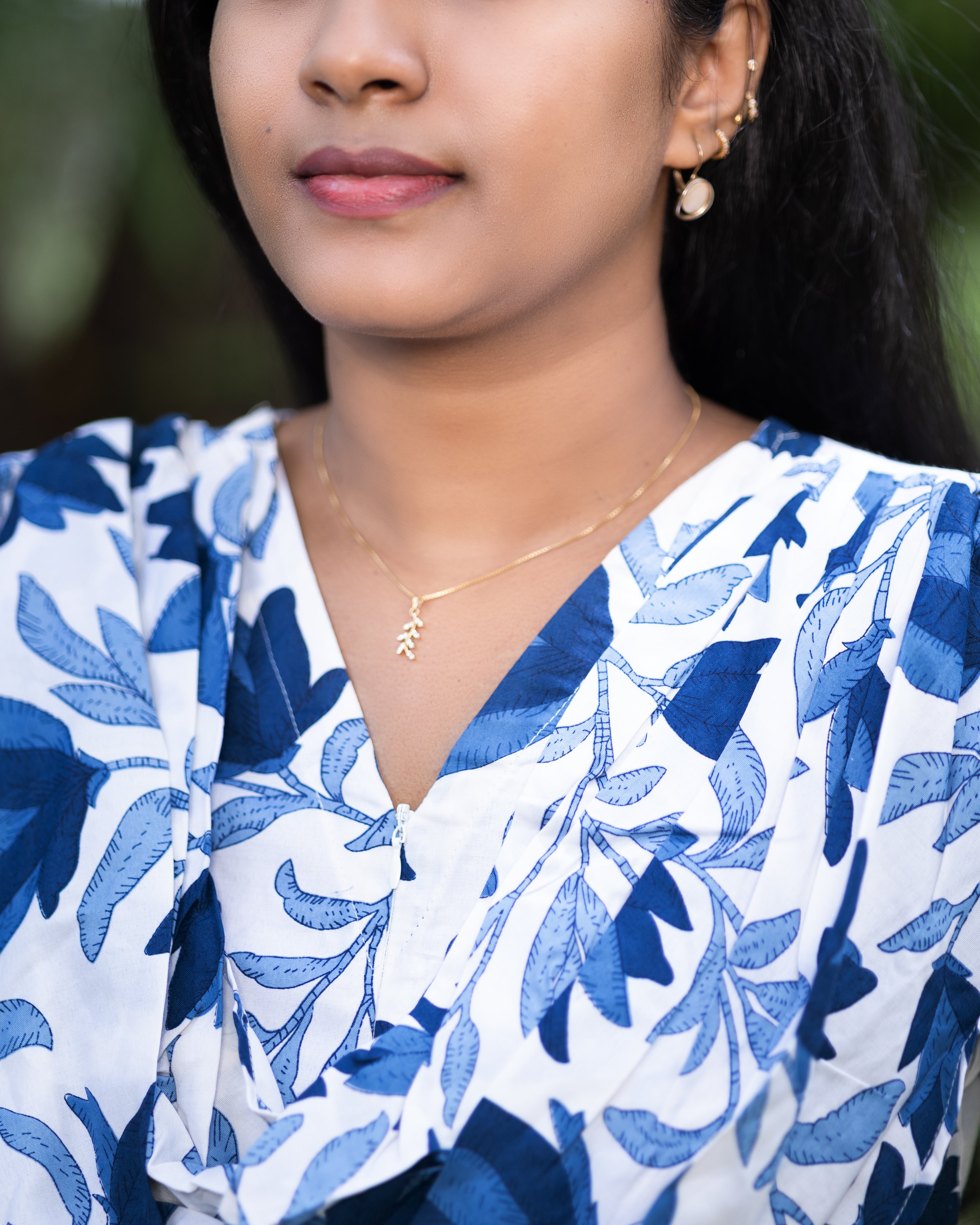 Feeding Maxi Style Nighty with Dupatta attached - White with Blue Floral Print