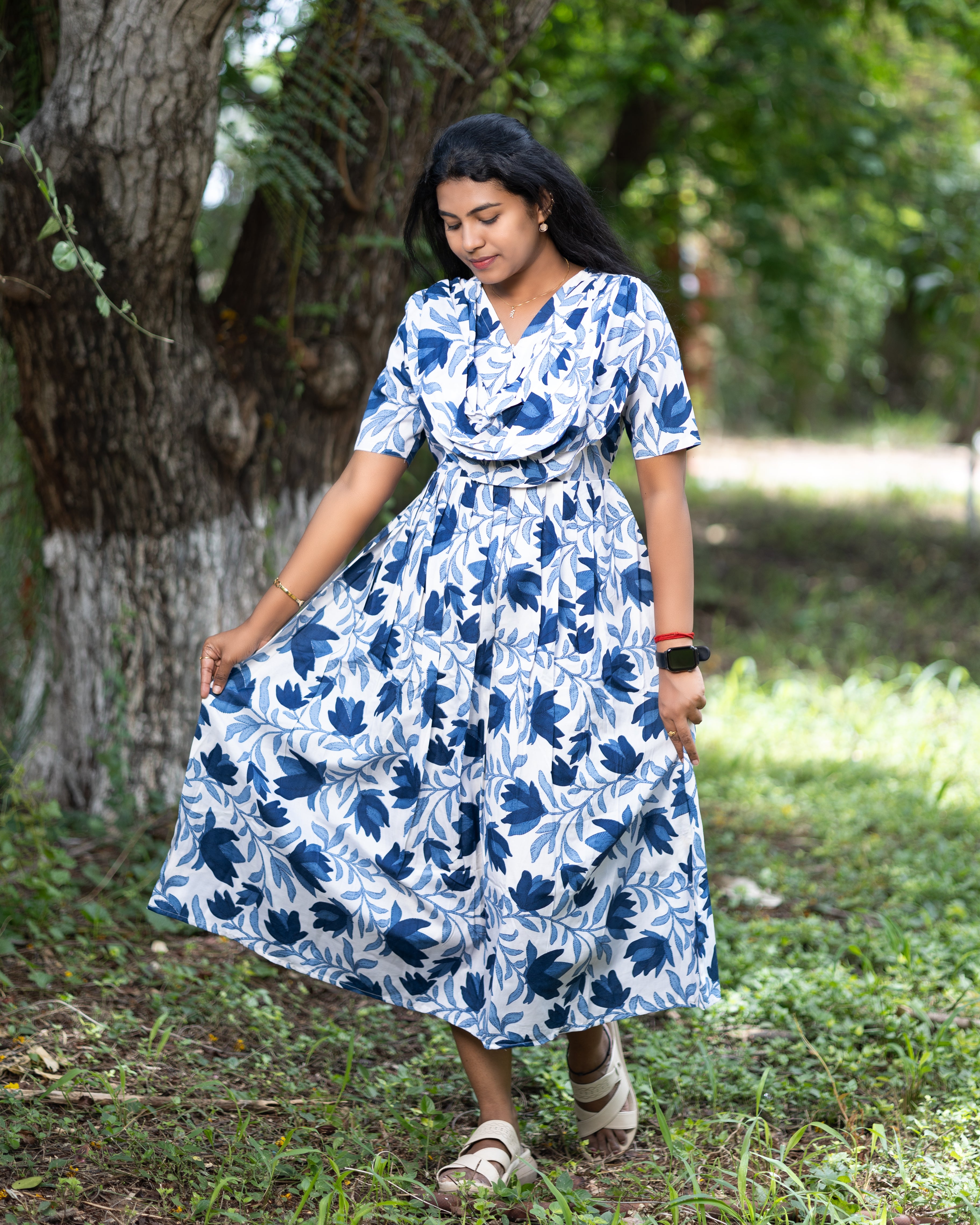 Feeding Maxi Style Nighty with Dupatta attached - White with Blue Floral Print