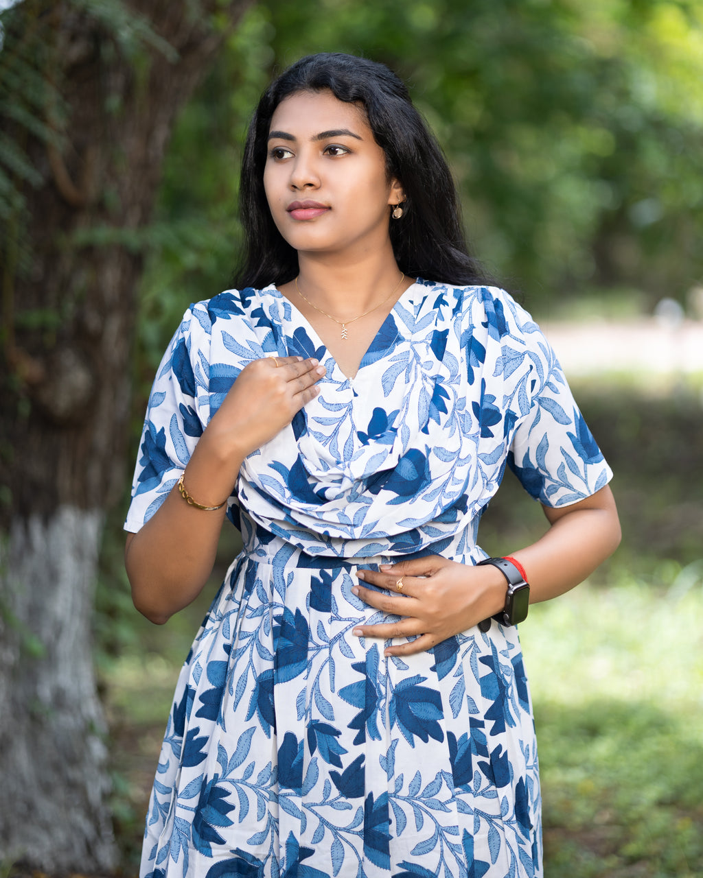 Feeding Maxi Style Nighty with Dupatta attached - White with Blue Floral Print