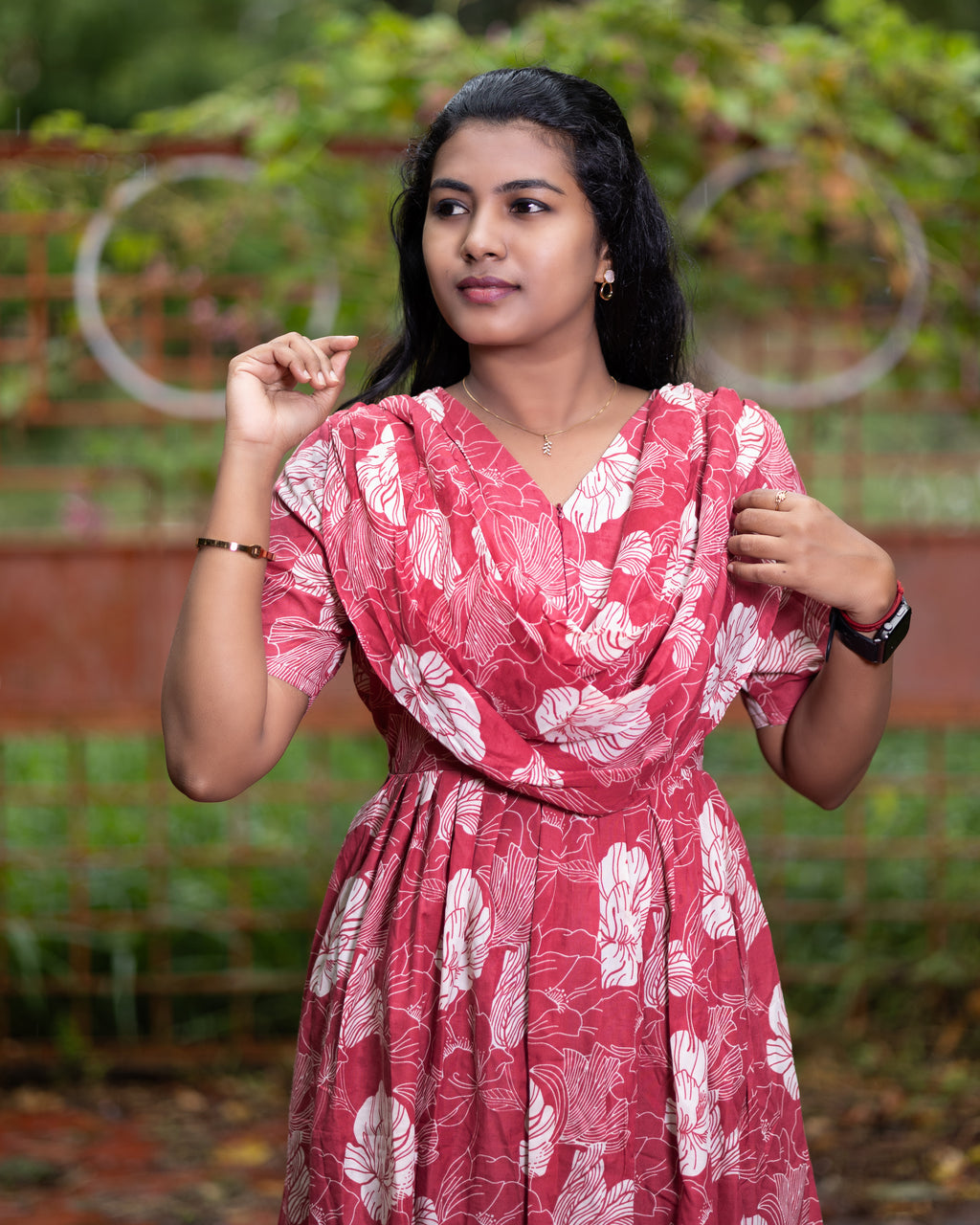 Feeding Maxi Style Nighty with Dupatta attached - Red