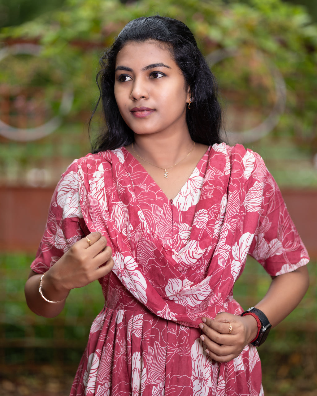 Feeding Maxi Style Nighty with Dupatta attached - Red