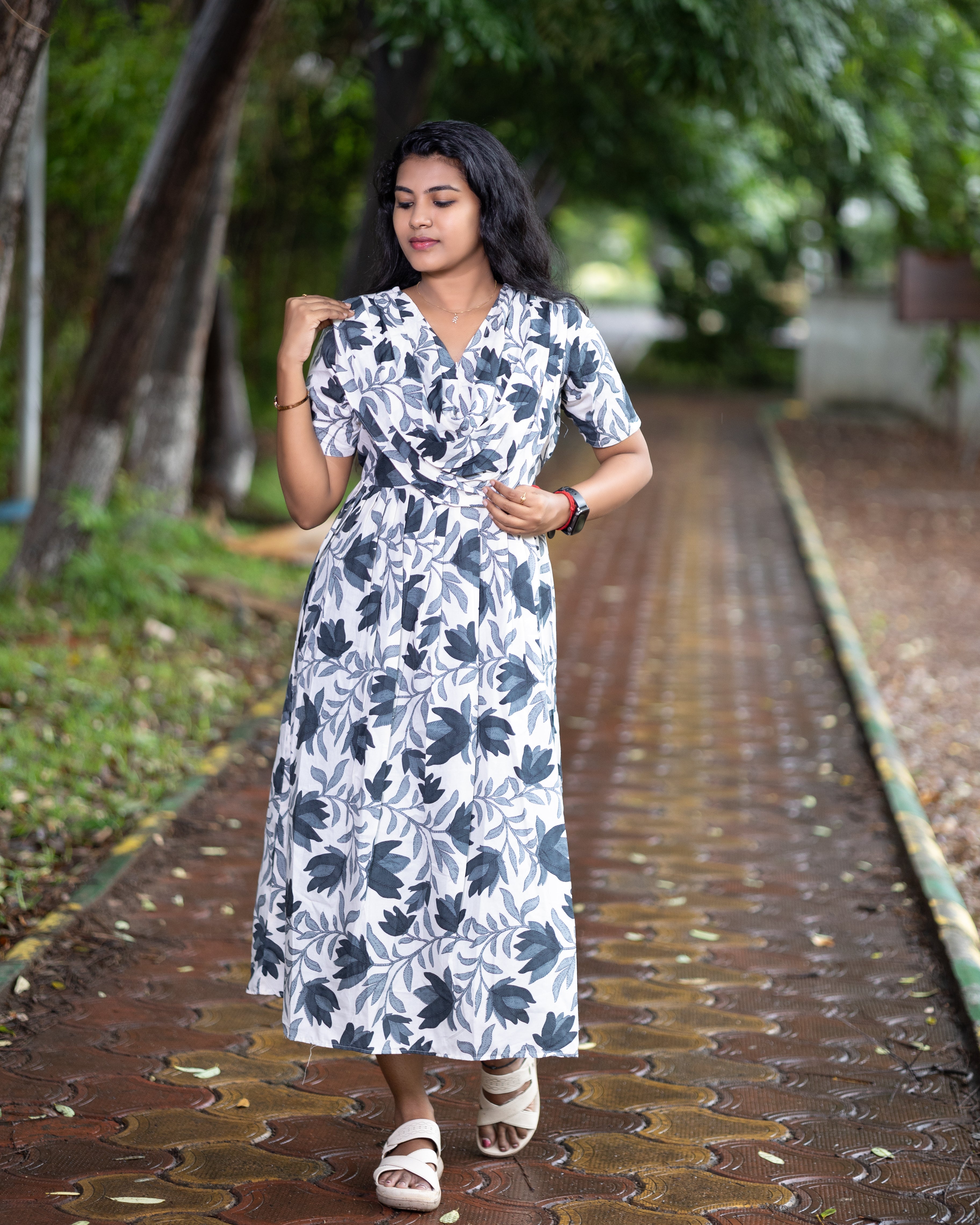 Feeding Maxi Style Nighty with Dupatta attached - Charcoal Grey