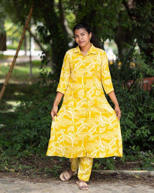 Women's Jaipuri Leaf Print Yellow Cotton Co-Ord Set | Front Button Long Kurta with Pant | Casual Ethnic Wear Set