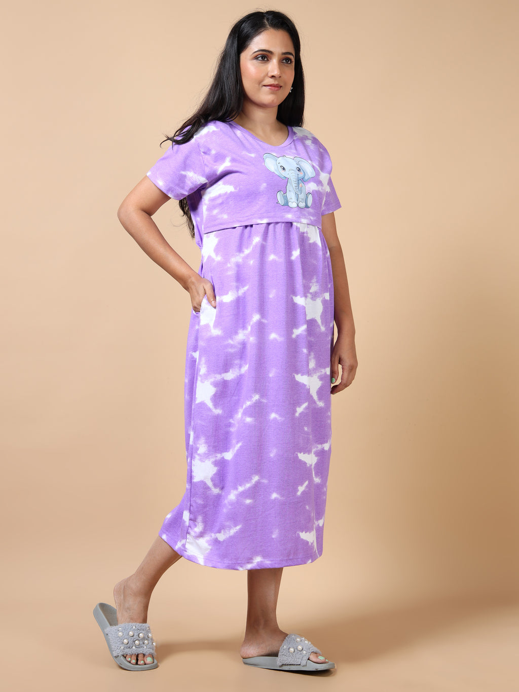 Feeding & Maternity Purple Tie-Dye Elephant Print Zipless Nightdress