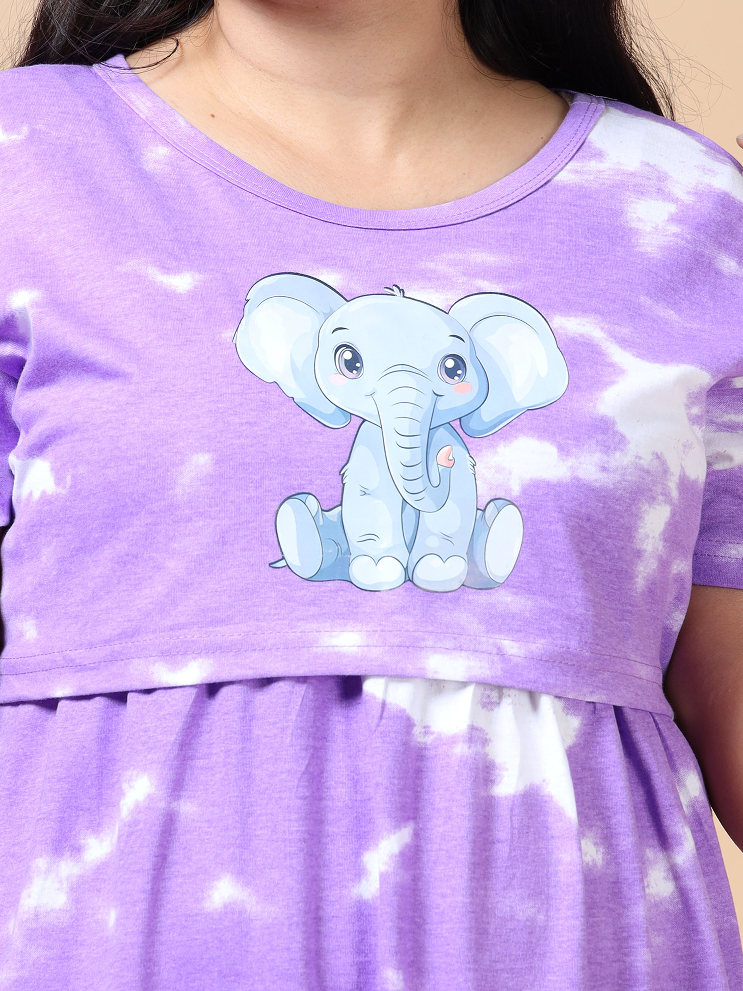 Feeding & Maternity Purple Tie-Dye Elephant Print Zipless Nightdress