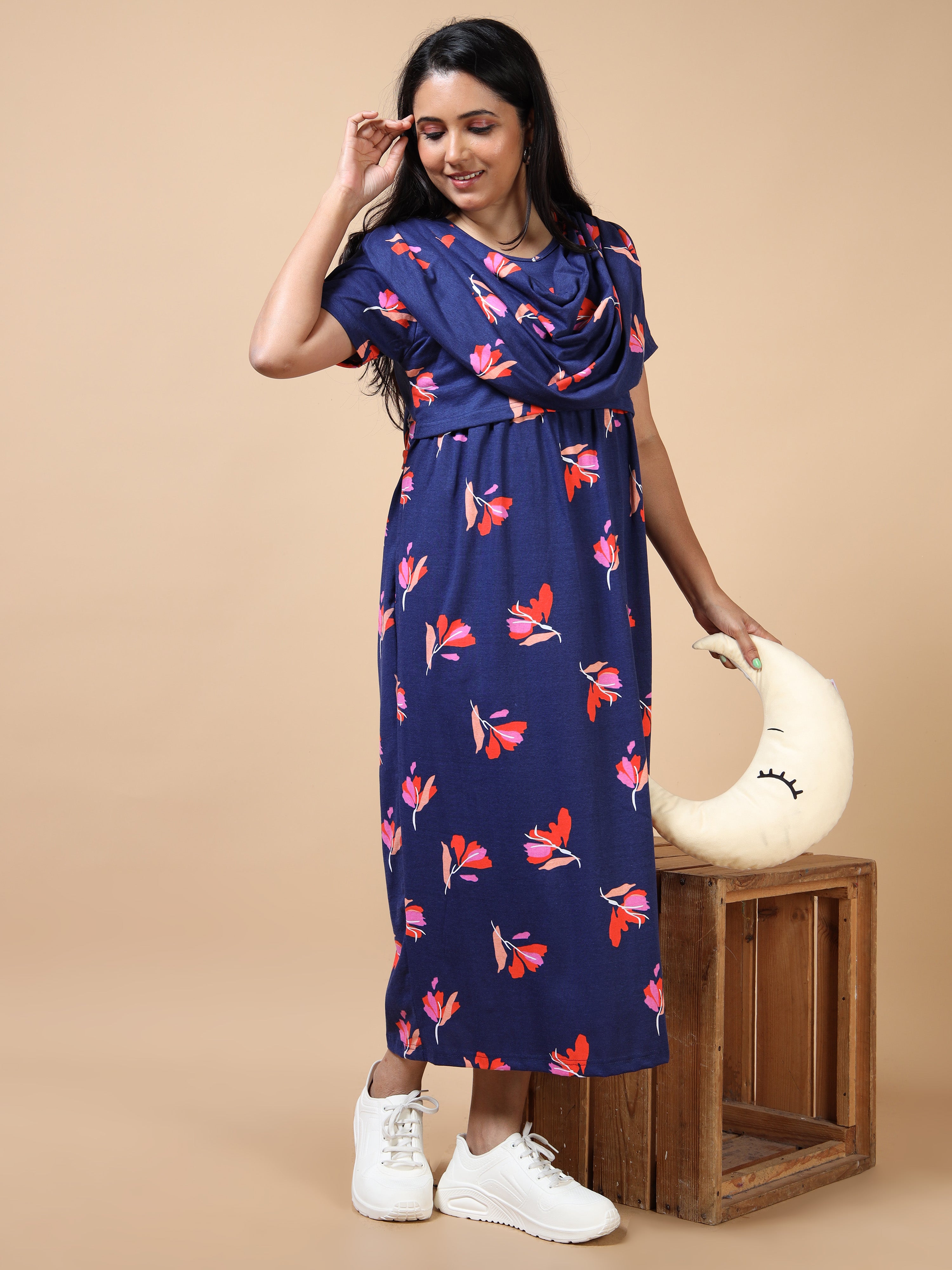 Dupatta Style Zipless Feeding Maternity Wear Dres - Blue