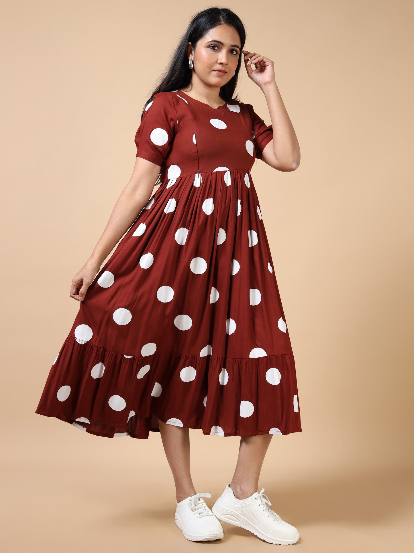 Feeding Maternity Kurti Brown Polka Print