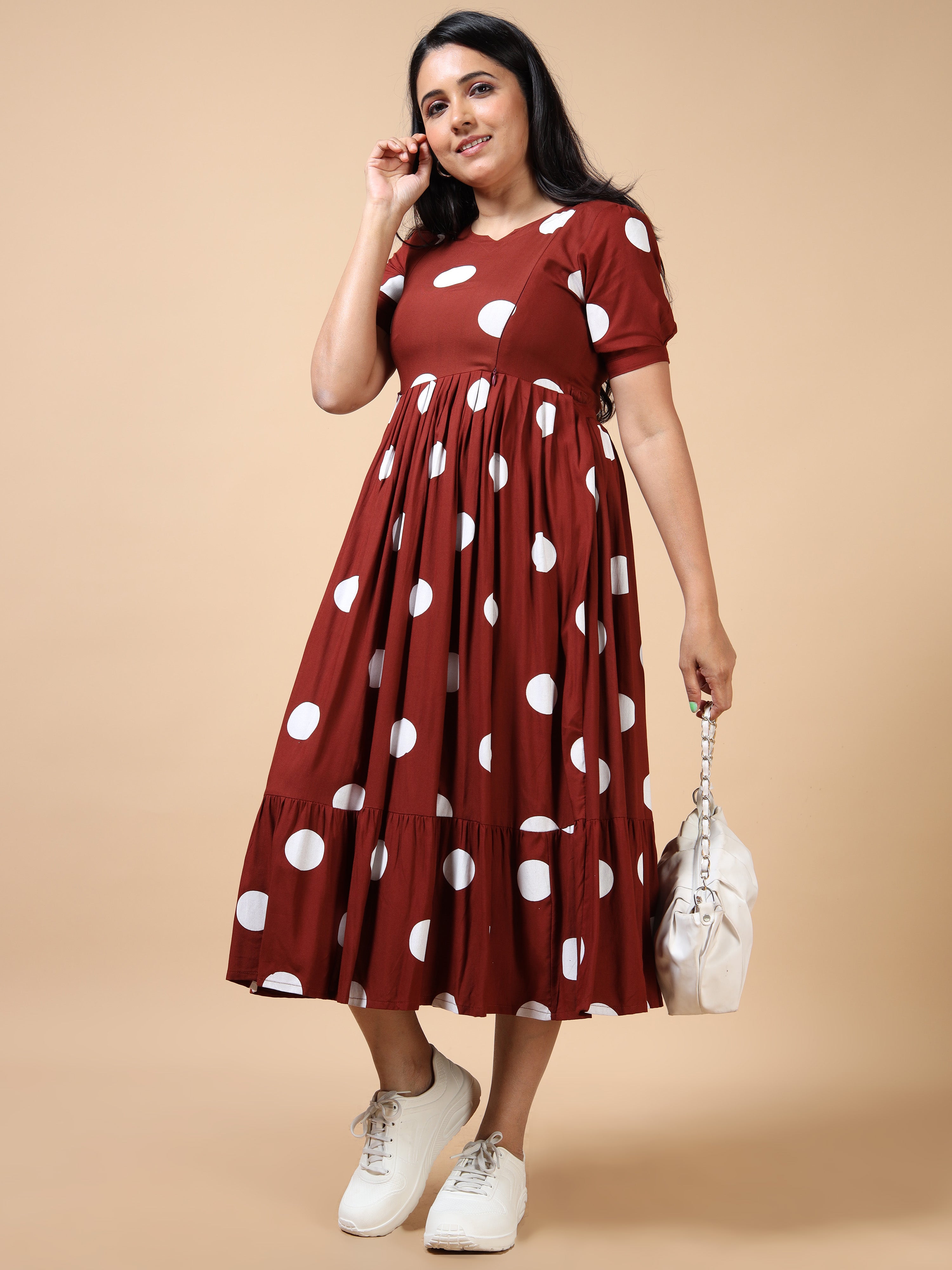 Feeding Maternity Kurti Brown Polka Print