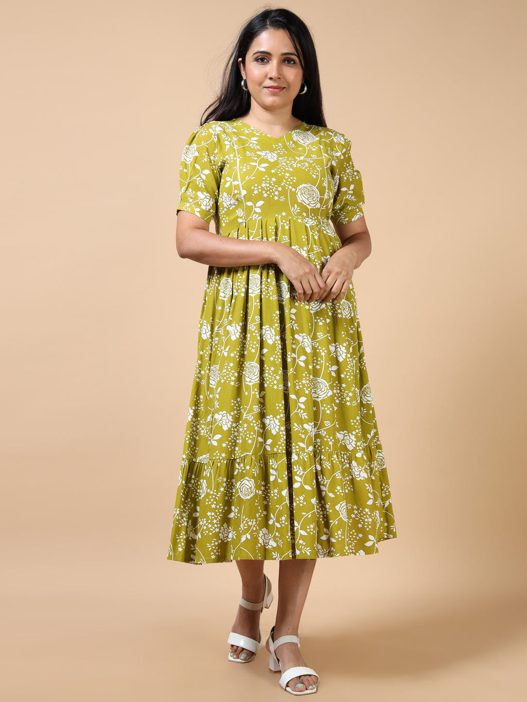 Feeding Mustard Floral Printed Fit & Flare Maternity Kurti