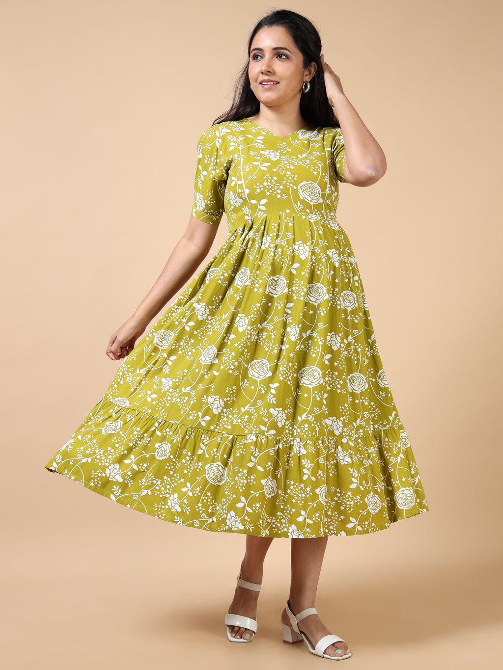 Feeding Mustard Floral Printed Fit & Flare Maternity Kurti