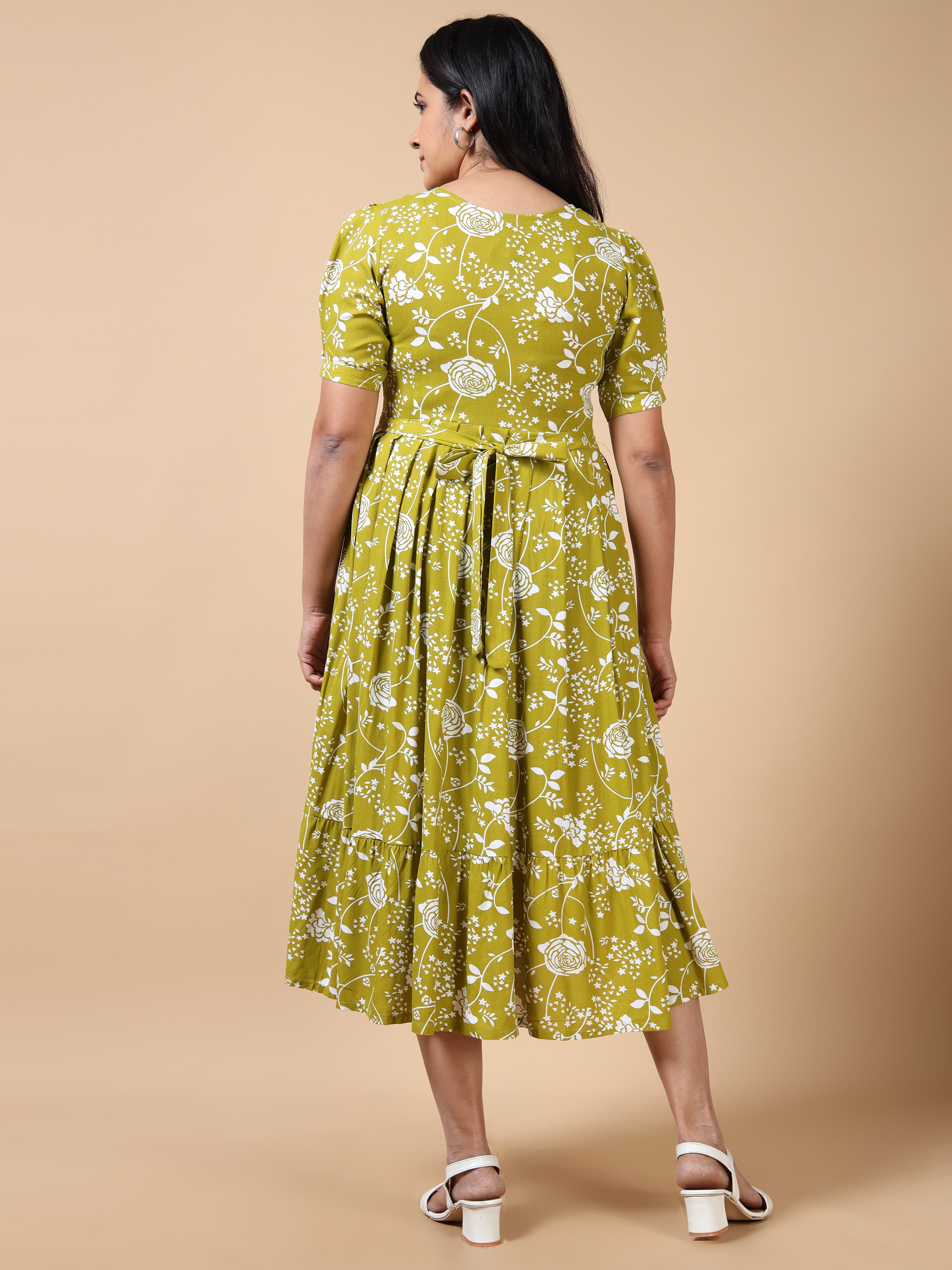 Feeding Mustard Floral Printed Fit & Flare Maternity Kurti