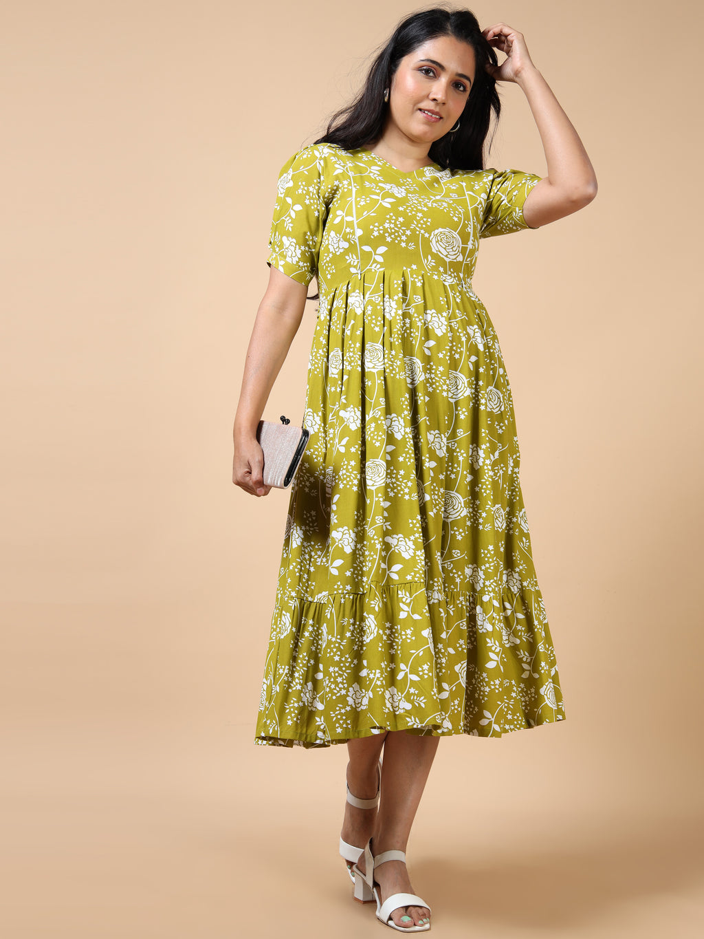 Feeding Mustard Floral Printed Fit & Flare Maternity Kurti