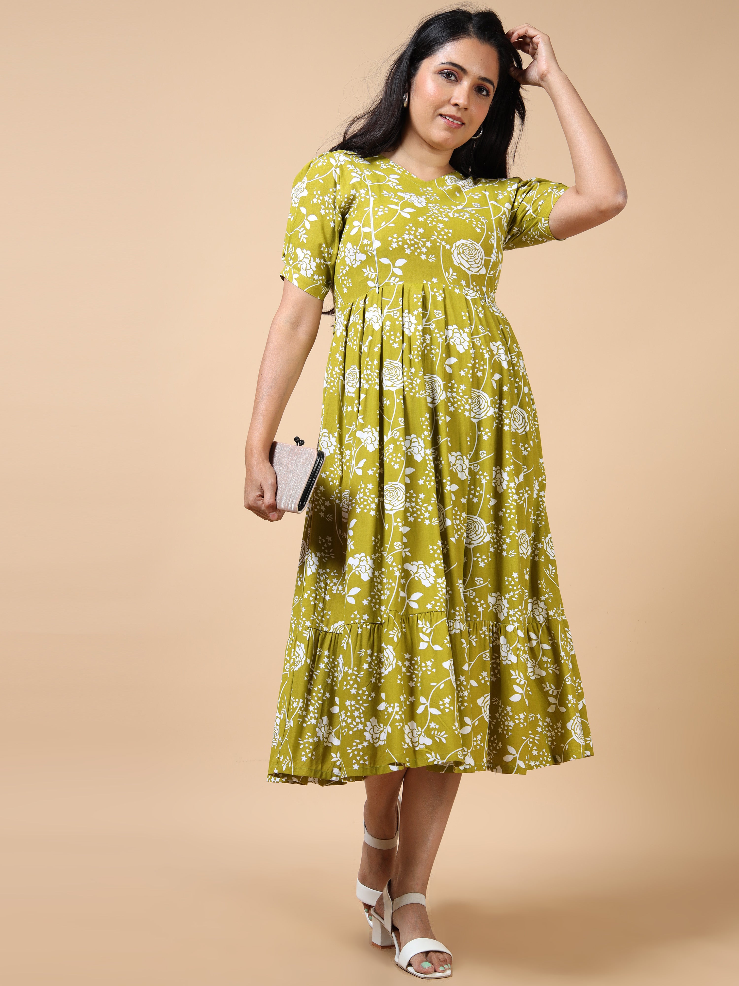 Feeding Mustard Floral Printed Fit & Flare Maternity Kurti