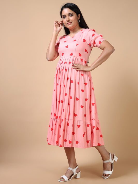 Cotton Frock Peach Heart Print