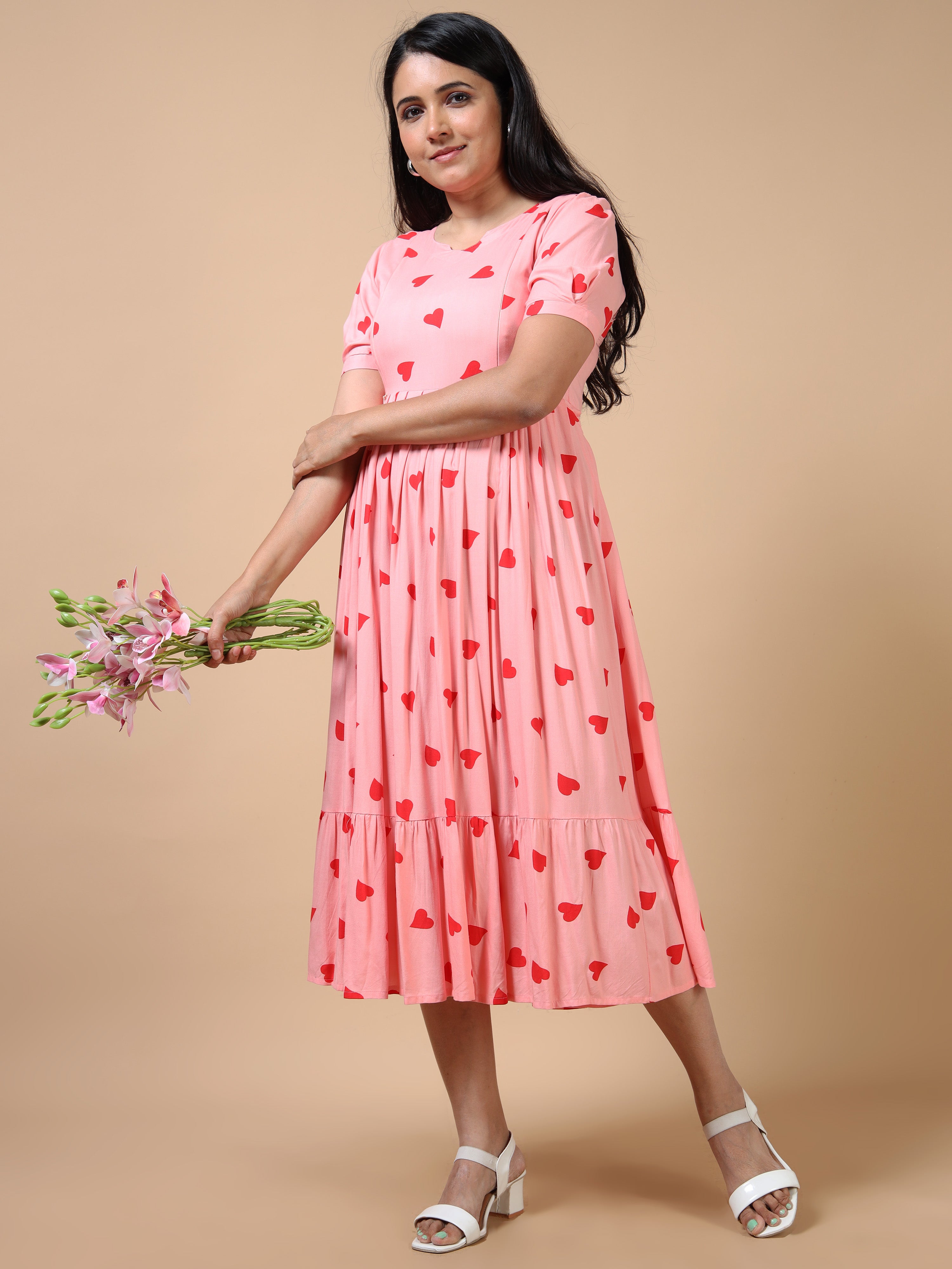 Cotton Frock Peach Heart Print