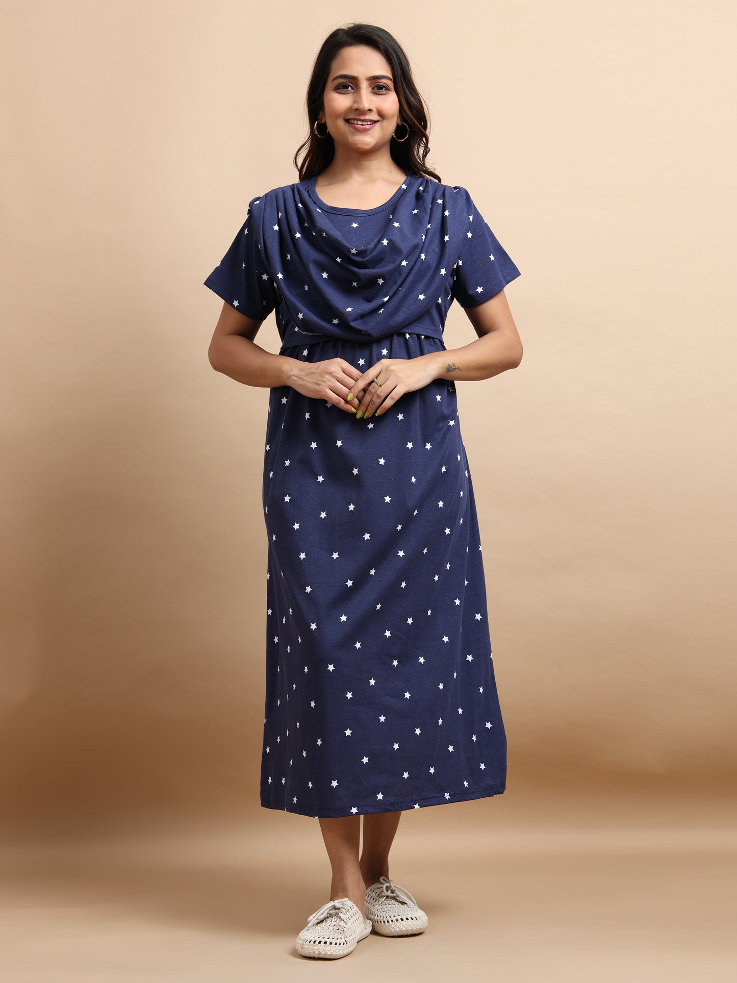 Zipless Feeding Maternity Gown with Attached Dupatta | Star Print | Navy Blue & White