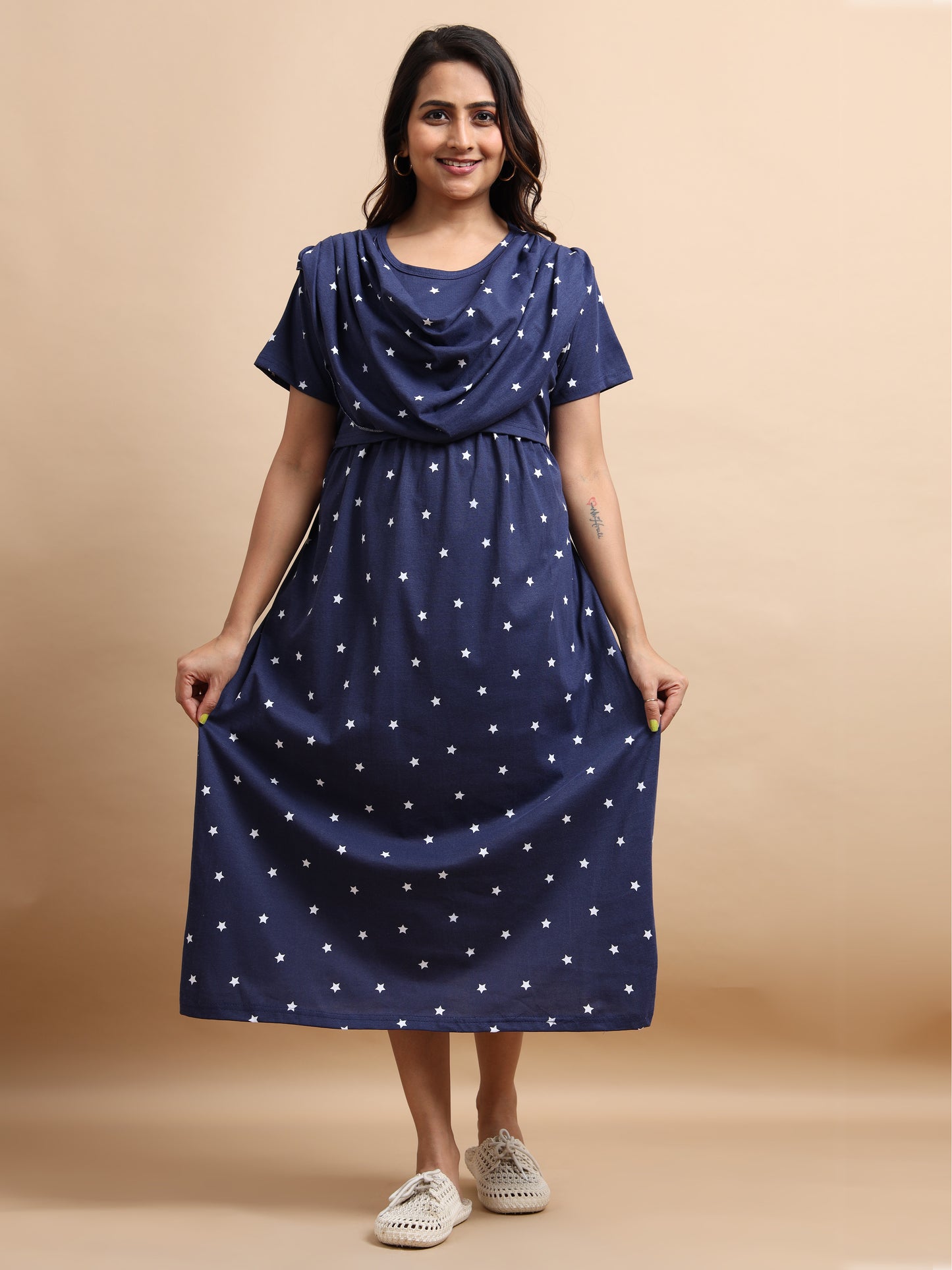 Zipless Feeding Maternity Gown with Attached Dupatta | Star Print | Navy Blue & White