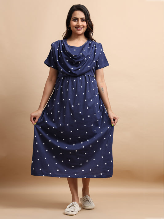 Zipless Feeding Maternity Gown with Attached Dupatta | Star Print | Navy Blue & White
