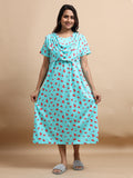 Zipless Feeding Maternity Gown with Attached Dupatta | Heart Print | Sky Blue & Red