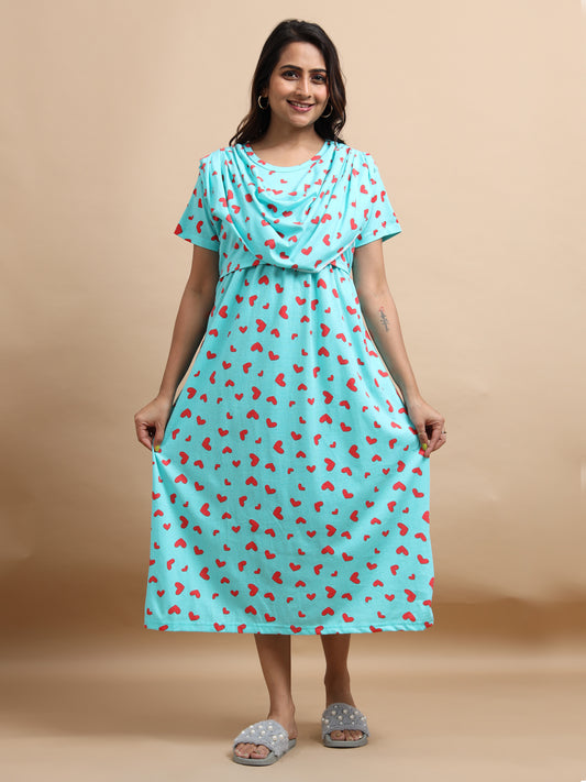 Zipless Feeding Maternity Gown with Attached Dupatta | Heart Print | Sky Blue & Red
