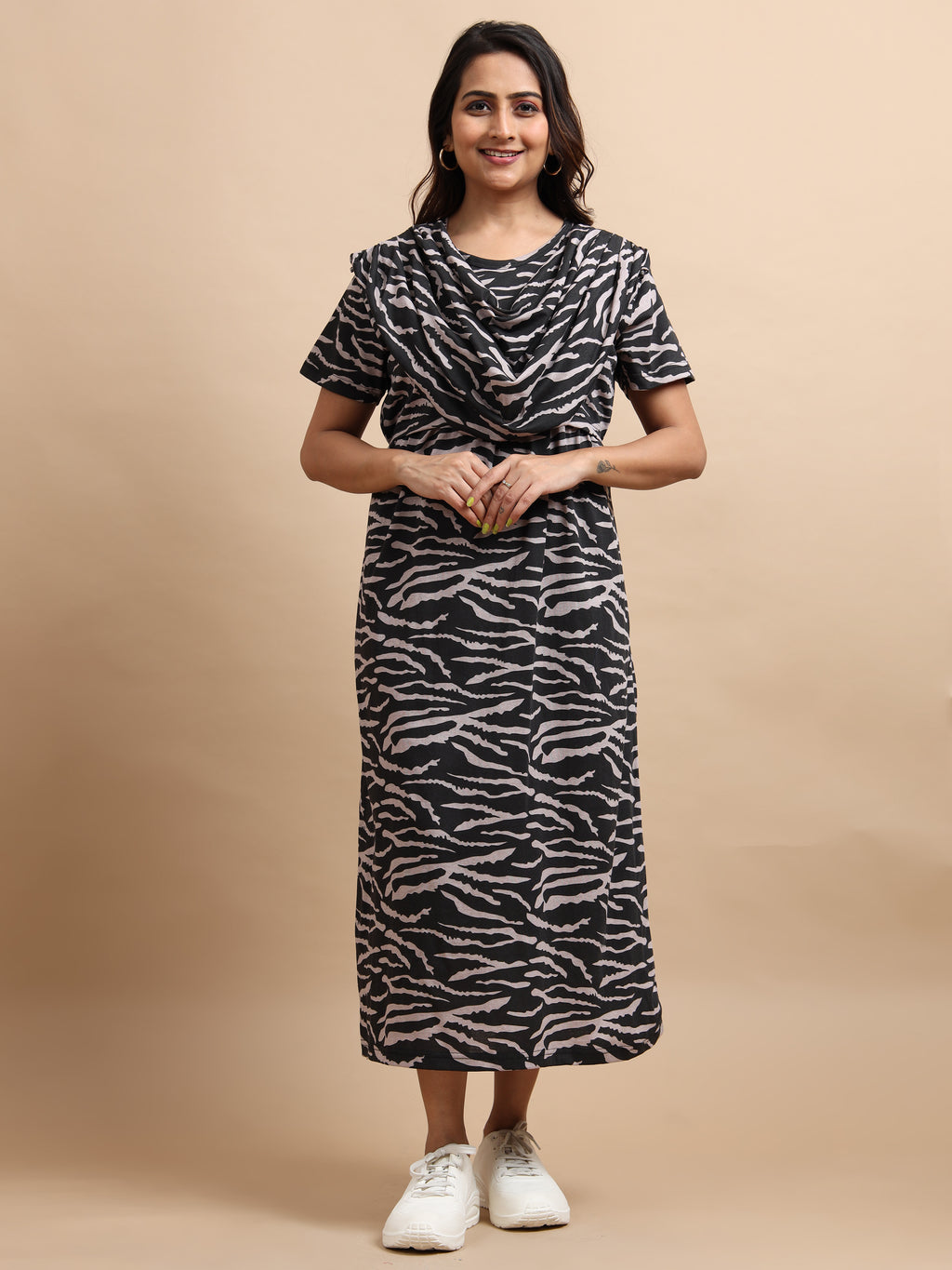 Zipless Feeding Maternity Gown with Attached Dupatta | Zebra Print | Black & Beige