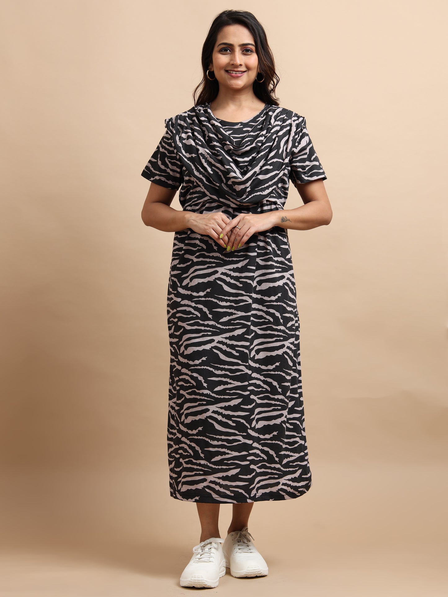 Zipless Feeding Maternity Gown with Attached Dupatta | Zebra Print | Black & Beige