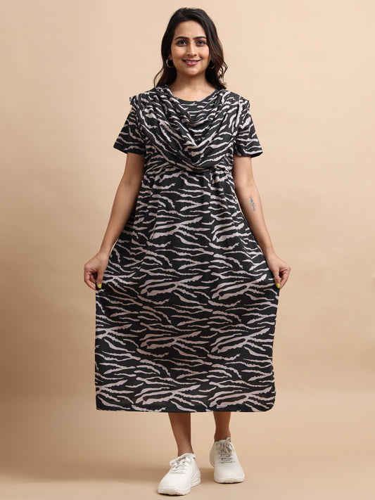 Zipless Feeding Maternity Gown with Attached Dupatta | Zebra Print | Black & Beige
